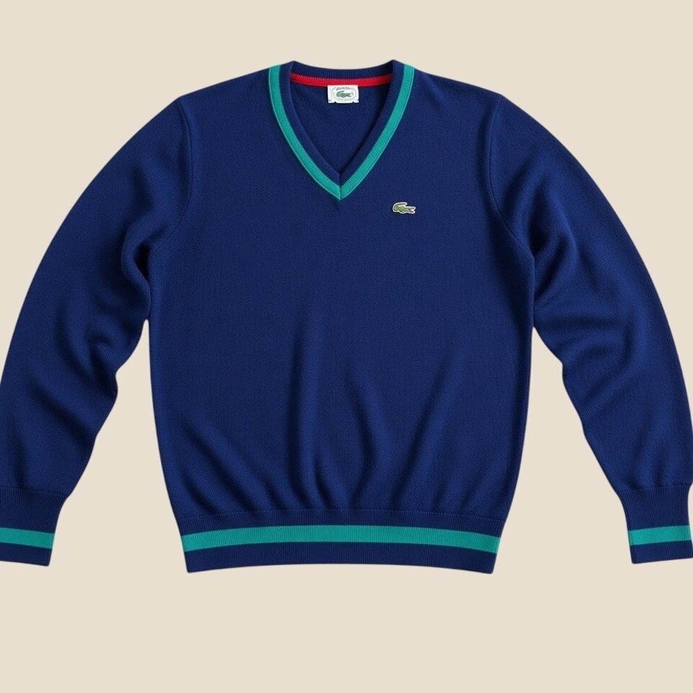 Vintage Izod Lacoste V-Neck Sweater Blue Orlon Acrylic Striped Trim Mens Large